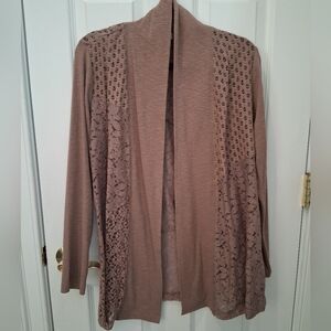 LOGO by Lori Goldstein Taupe Lace Cardigan